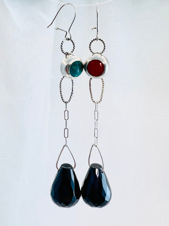 Black Drops of Anatolia! Sterling Silver Earrings with Turkish Onyx, Coral, and Malachite