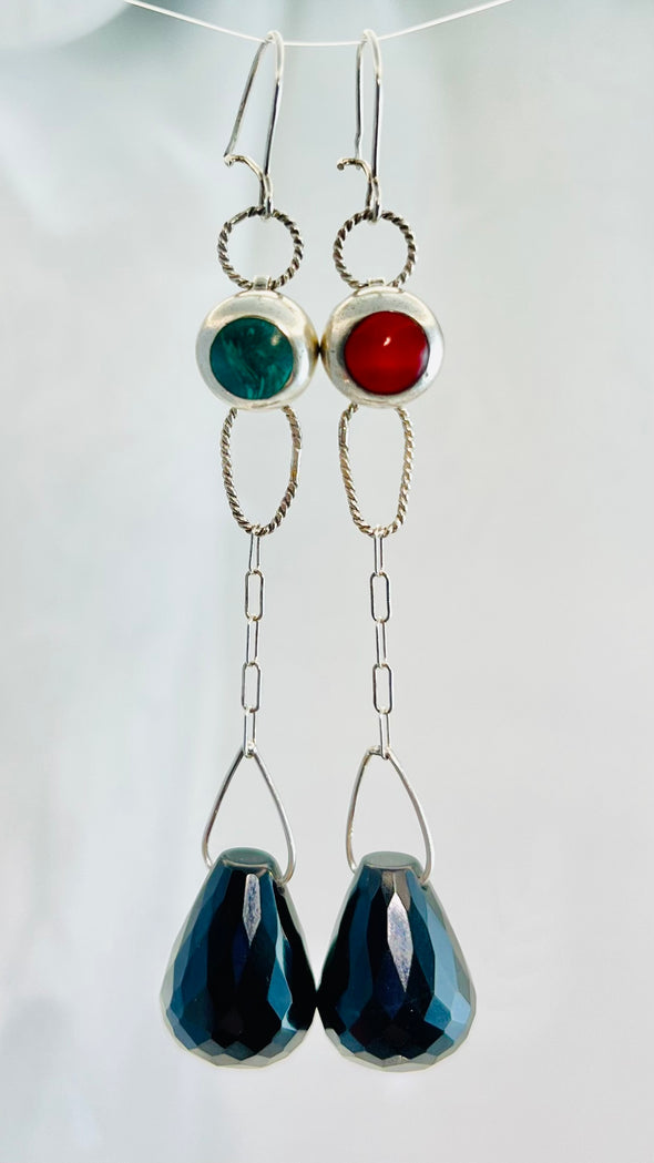 Black Drops of Anatolia! Sterling Silver Earrings with Turkish Onyx, Coral, and Malachite