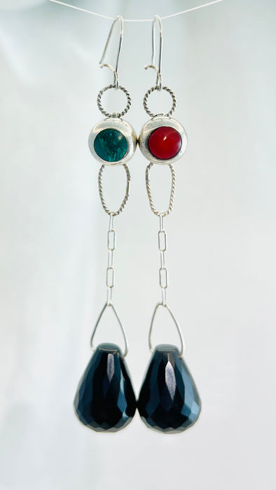 Black Drops of Anatolia! Sterling Silver Earrings with Turkish Onyx, Coral, and Malachite