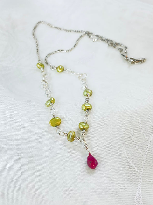 Minimalist Pearl & Ruby Necklace