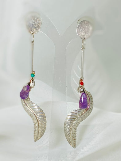 Sterling Silver, oxidized feather with amethyst