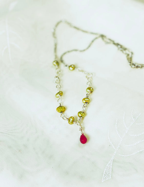 Minimalist Pearl & Ruby Necklace