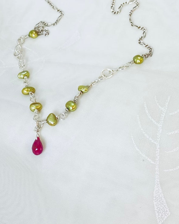 Minimalist Pearl & Ruby Necklace