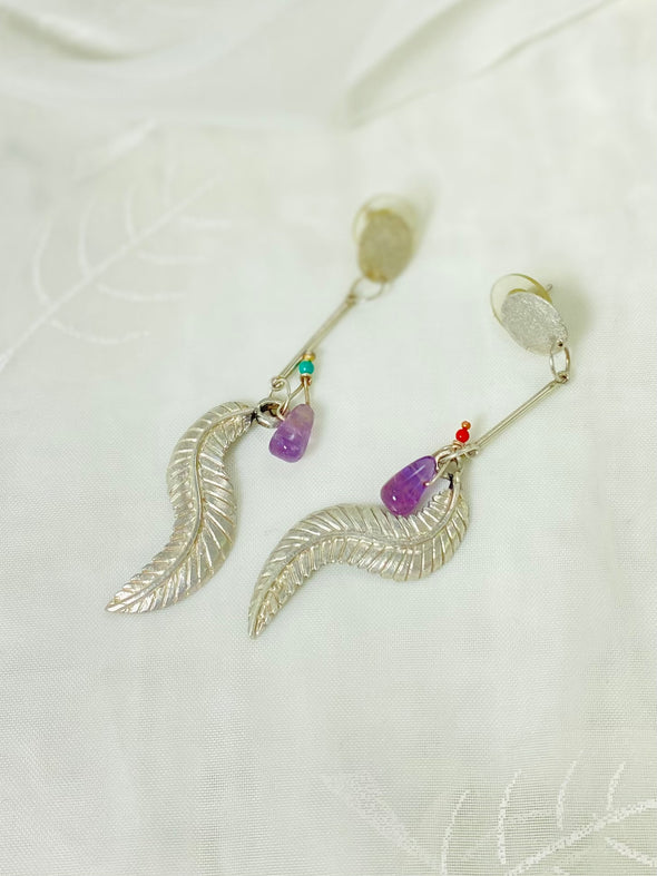 Sterling Silver, oxidized feather with amethyst