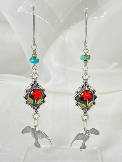 Natural flowers! Sterling silver birds! Long and dangling earrings