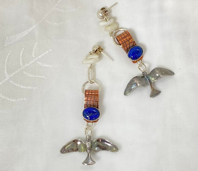 Lapis Lazuli, copper, sterling silver birds Earrings