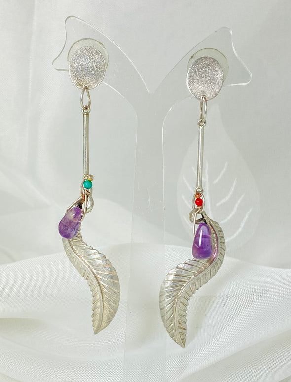 Sterling Silver, oxidized feather with amethyst